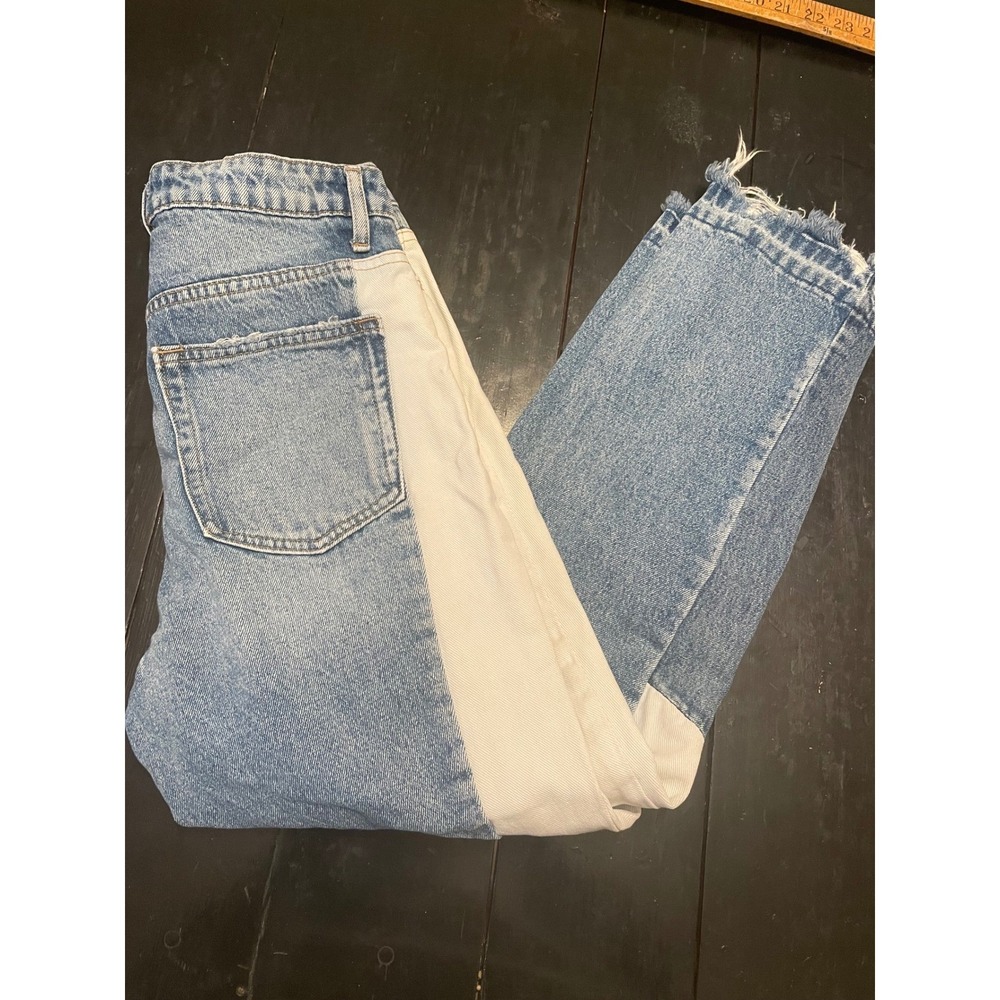 Vervet Women's Denim Jeans Size 27 Blue White Panel Straight Leg Raw Hem